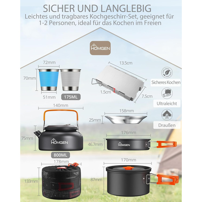 Набір кухонного посуду для кемпінгу HOMGEN: каструлі та сковорідки з алюмінію, легкий, для 2-3 осіб, з сумкою, для кемпінгу, пікніків, походів