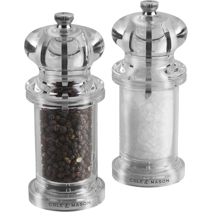 Cole & Mason 505 Salt & Pepper Mill Set – Classic Design, Adjustable Grinder, 14cm, Transparent Acrylic Body, Durable & High Quality, Manual