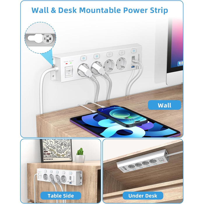 Мережевий фільтр Steckdoseleiste 5-фазний з індивідуальним вимикачем, захистом від перенапруги 1050J, для дому та офісу, кабель 2м (4 фази з USB, білий)
