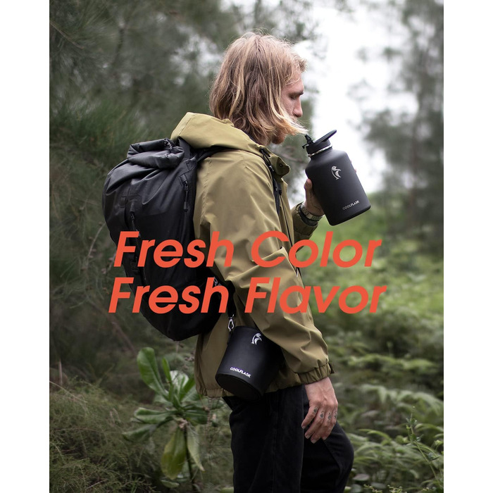 Coolflask 2L Stainless Steel Water Bottle with PU Leather Sleeve, Half Gallon Insulated Water Bottles with Straw Lid, Stainless Steel Metal Large Water Jug, Keeps Cold for 48h Hot for 24h, Polar Black