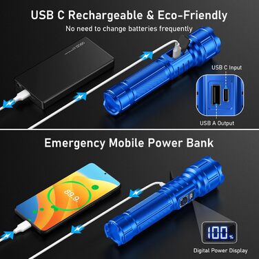 Ліхтар LED Blukar, перезарядна, надяскравий, з функцією зуму, 5 режимів, водонепроникний IP67, для кемпінгу та активного відпочинку (блакитний)