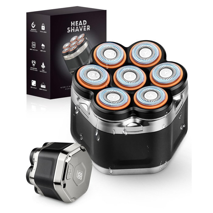 Електрична бритва для голови Glatzenrasierer Herren 7D з LED дисплеєм, водонепроникна (IPX5), чорна