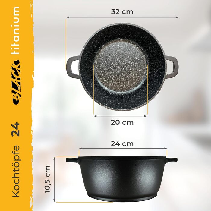 Каструля Brabie Black Titanium 24 см з титановою підкладкою, антипригарне покриття, склокришка, ручки з силікону, для плити (індукція, газ, склокераміка), духовка