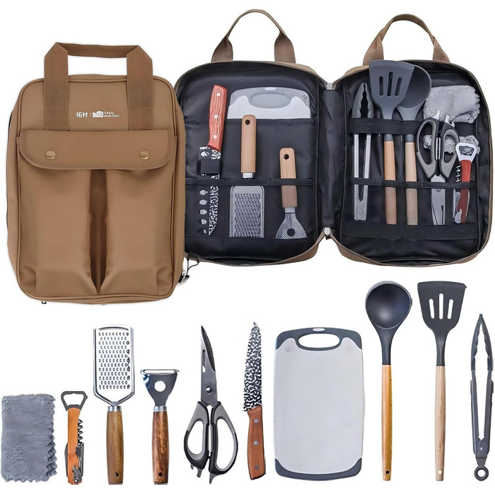 Набір кухонного приладдя для кемпінгу Sadodo: 11 предметів, з органайзером та сумкою, силікон та нержавіюча сталь