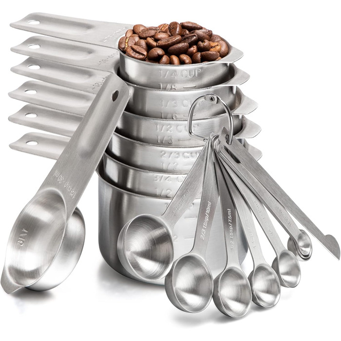 Stainless Steel Measuring Cup and Spoon Set - 7 Stackable Measuring Cups for Dry and Liquid Ingredients
