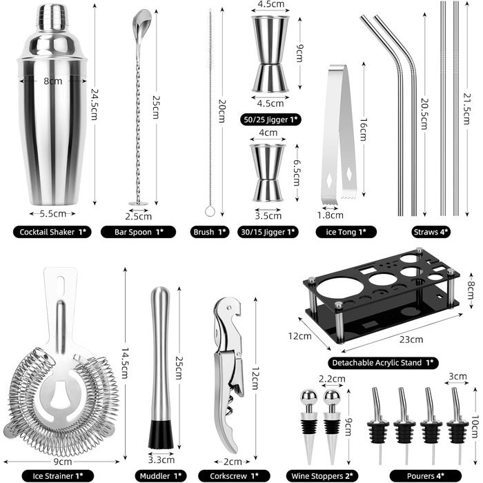 Набір бармена Cinnani 20 предметів: шейкер, аксесуари для бару, підставка, з нержавіючої сталі. Подарунковий набір для приготування коктейлів