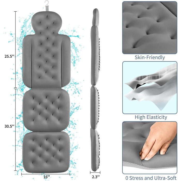 Подушка для ванни Ganzkörper з 160 присосками, 129.5 x 40.6 см (темно-сіра). Підтримка голови та шиї, з мішком для білизни.