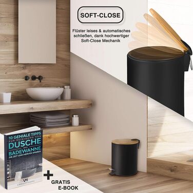 Смітник для косметики VMbathrooms 3L з педаллю та бамбуковою кришкою, Soft-Close, чорний матовий, для ванної кімнати та туалету