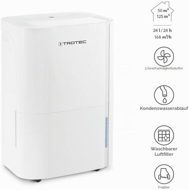 Електричний осушувач повітря Trotec TTK 66 E, продуктивність 24 л/добу, для приміщень до 50 м² / 125 м³, з автовимкненням, для квартири та спальні