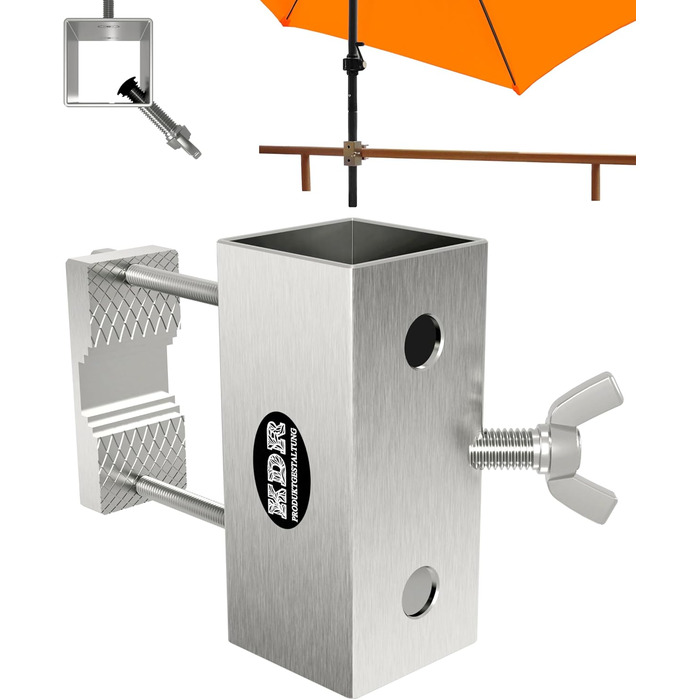 Stainless steel umbrella holder for balcony railings, round and square. Umbrella bracket suitable for umbrellas up to 270 cm. Balcony umbrella stand, stable square bracket, secure attachment to the railing.
