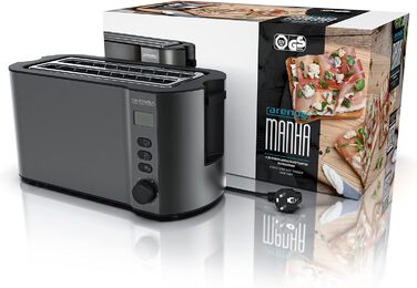 Тостер Arendo з нержавіючої сталі з 4 широкими слотами, подвійні стінки, вбудований тримач для булочок, 6 ступенів підсмажування, центрування хліба, автоматичне відключення, дисплей з відображенням часу (A: Cool Grey)