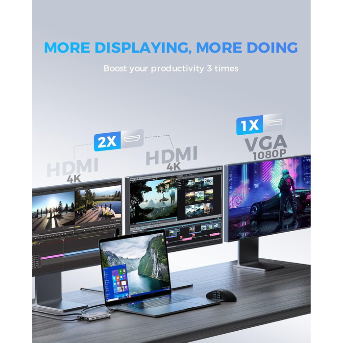 Док-станція USB C з підтримкою 3 моніторів, хаб з Ethernet, HDMI, VGA, PD3.0, SD/TF кардридер та 4 USB порти, сумісна з MacBook та Windows (UCN3270)