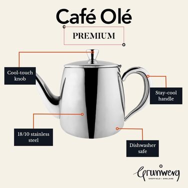 Café Olé PT-048 Cafe Ole Premium Teakettle, 18/10 Stainless Steel, 48 Ounces, Drip-Free Pouring, Hollow Handles & Flip-Up Lid, Silver
