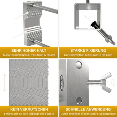 Stainless steel umbrella holder for balcony railings, round and square. Umbrella bracket suitable for umbrellas up to 270 cm. Balcony umbrella stand, stable square bracket, secure attachment to the railing.