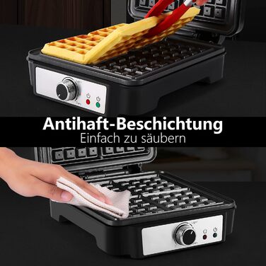 YASHE Belgian Waffle Maker - 4 Square Waffle Plates, 1200W, Non-Stick Coating, Adjustable Browning Control, Overflow Prevention, Silver/Black