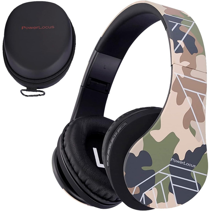 Дитячі навушники PowerLocus Bluetooth з обмеженням гучності 85dB, складні, з чохлом, Over-Ear, бездротові та з кабелем, з мікрофоном, підтримка Micro-SD, камуфляж (для телефону, ПК, планшета)