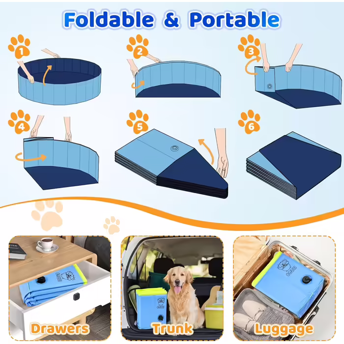 COZII Dog Pool, 160 x 30cm Dog Pool for Large and Small Dogs, Foldable Dog Bathtub, Splash Pool for Children, Portable Dog Pool with Non-Slip PVC and Bath Brush