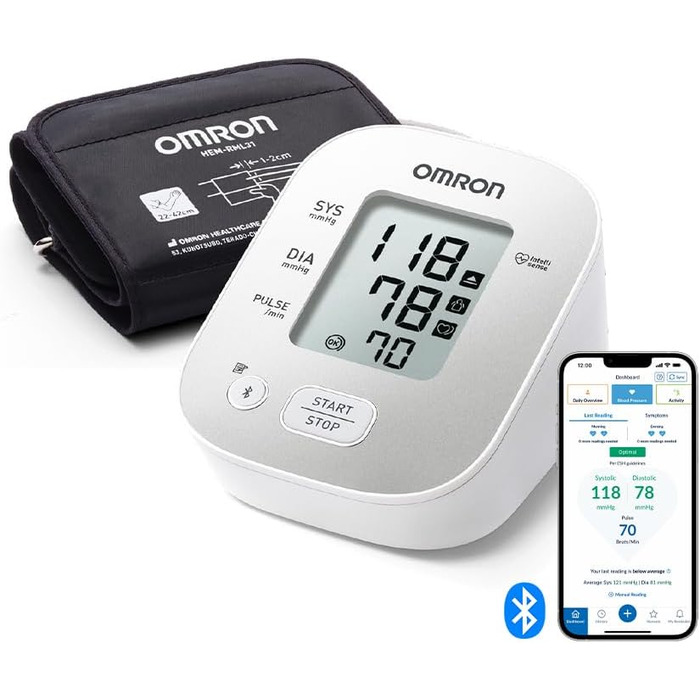 Тонометр OMRON X2 Smart+ з Bluetooth, клінічно перевірений, універсальна манжета 22-42 см, безкоштовний додаток, сертифікат Deutscher Hochdruckliga