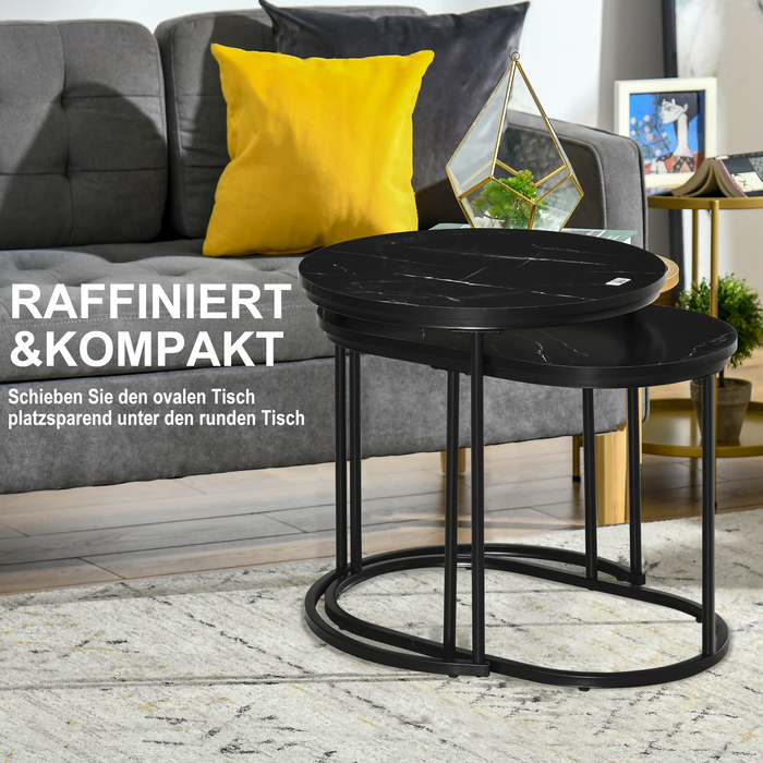 HOMCOM 2-Piece Round Oval Nesting Coffee Table Set - Holds up to 30 kg, Stackable - MDF & Steel Coffee Table, Black - Ø50 x 50 x 5H cm - For Living Room