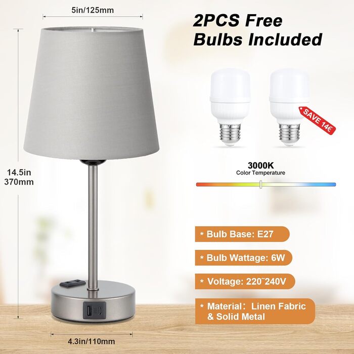 Настільна лампа Kakanuo з торшером, 2 шт. з USB-портами та диммуванням, для спальні, вітальні, дитячої кімнати, офісу (сірий)