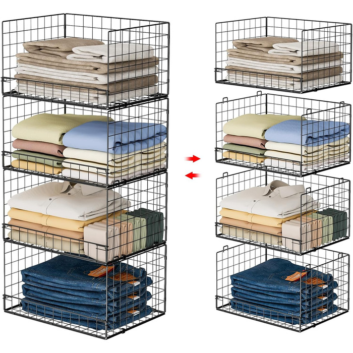 4-Tier Stackable Closet Organizer and Storage Shelves, Clothes Rack, Organizer, Basket Bins, Foldable Sweater Storage for Closet Organizer System, Black (patent pending)