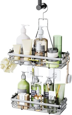 HapiRm Shower Shelf for Hanging, Hanging Shower Rack with Multiple Hooks - High-Quality Hanging Shower Basket Stainless Steel, No Drilling Required, Silver