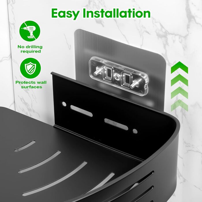 Дзеркальна поличка для душу Carehabi без свердління, 2 шт. з 8 гачками, чорна. Органайзер для ванної кімнати, кухні