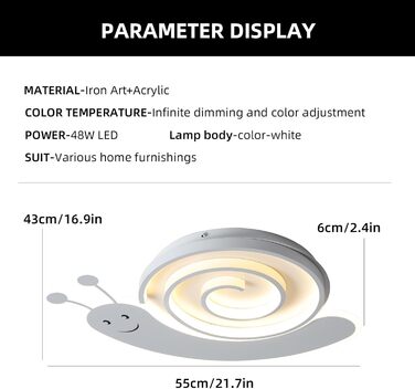 Дитяча стельова LED-лампа Oninio 48W, диммована, з пультом, у формі равлика, біла, для спальні, офісу, дитсадка