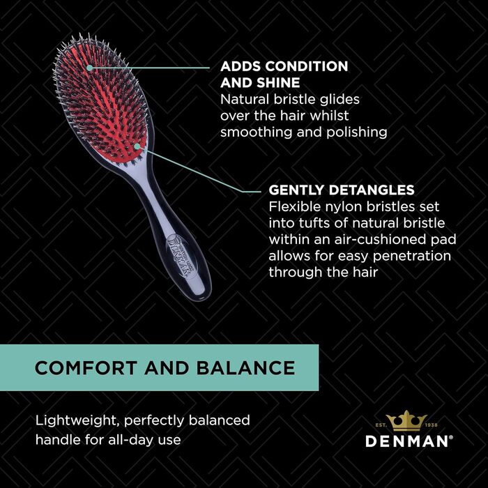 Щітка для волосся Denman Cushion Brush (Small) з м'якими нейлоновими щетинками та щетиною кабана - для розчісування, розплутування, випрямлення, сушіння феном та освіження волосся – чорна, P081S