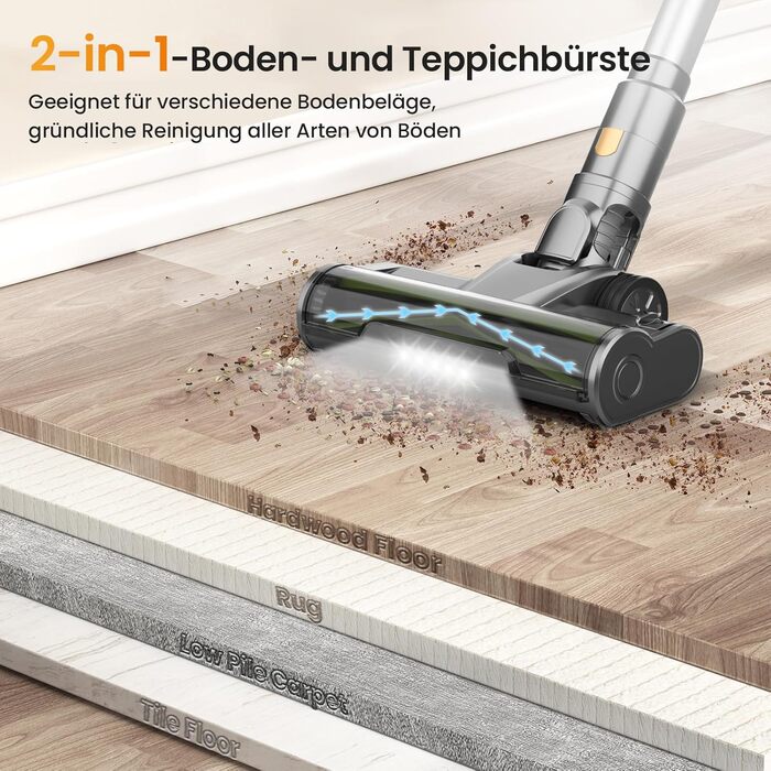 Бездротовий пилосос Dzaki Akku з потужністю 45KPa, без мішка, з дисплеєм, антизаплутана щітка, час роботи 55 хв, знімний акумулятор