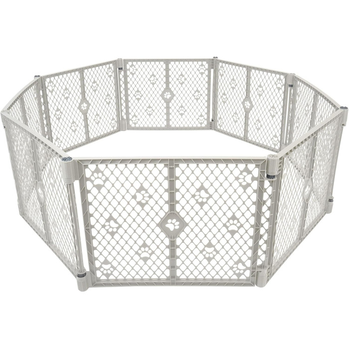 Клітка-вольєр для собак MyPet з 8 панелей, сірого кольору, довговічна та стійка до УФ-випромінювання, портативна, регульована, зручна для тварин, дружній дизайн з принтом лап, світло-сіра