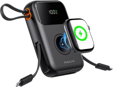 Power Bank Kuulaa для Apple Watch 10000mAh з LCD-дисплеєм та двома кабелями, 22.5W PD, сумісний з iPhone, iPad, Apple Watch 10/9/8/Ultra2/Ultra/SE