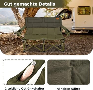 Крісло для кемпінгу на 2 особи Costway, розкладне, з регульованими підлокітниками, тримачами для напоїв та сумкою, вантажопідйомність 272 кг, для відпочинку, риболовлі, пікніків (зелене)