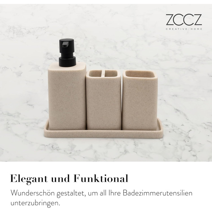 Набір для ванної кімнати ZCCZ – 4 предмети: тримач для зубних щіток, дозатор мила, мильниця та стаканчик для зубних щіток. Елегантний органайзер для косметики з ефектом мармуру, білий (пісочний)