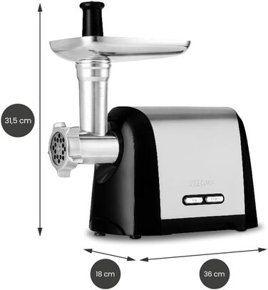 ZEEGMA Electric Meat Grinder - 1900W, Stainless Steel Plates, 3kg/min, Sausage Maker, Kubbe Maker, Chopping, Dicing, REV Function, Accessory Set - Silver