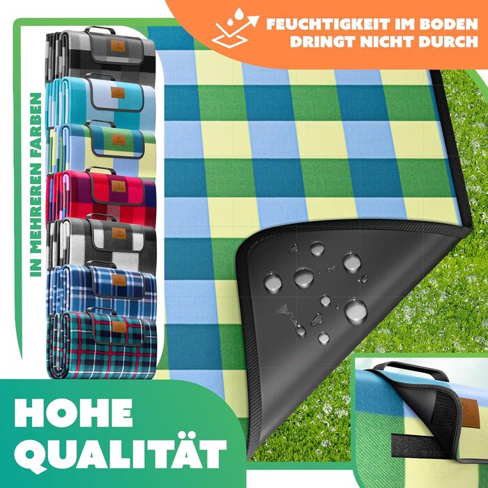 KESSER® Picnic Blanket Camping Blanket XXL 200 x 200 cm - Warm Insulated with Waterproof Bottom, Carrying Handle. Foldable Beach Blanket, Picnic Blankets for 4-6 People. Washable Picnic Blanket (Blue / Green)