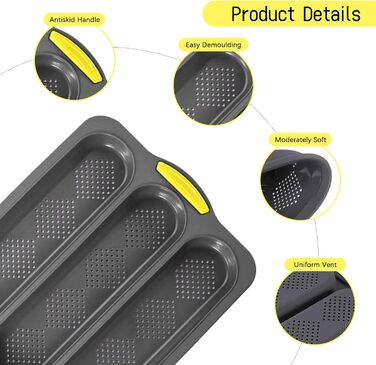 JAOGAUS 6-Piece Baguette Baking Sheet, High-Quality Roll Baking Mold, Baguette Sheet, Baguette Baking Mold, Bread Baking Forms, Perforated, Non-Stick Food Grade, Easy to Clean, Bread Baking Accessories (Gray)