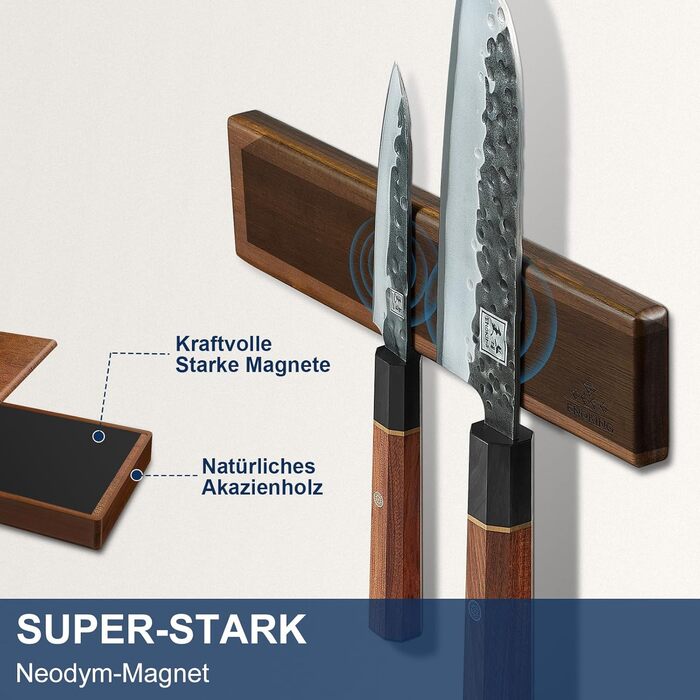 ENOKING Magnetic Knife Strip 26 cm, Magnetic Knife Block without Knives, Magnetic Knife Holder made of Acacia Wood with 2 Hooks