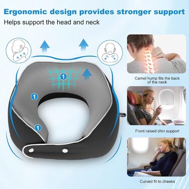 Ортопедична подушка для шиї з memory foam - підтримка 360°, для подорожей (літак, авто, поїзд), знімний плюшевий чохол, у комплекті: чохол для перенесення, навушники та маска для сну
