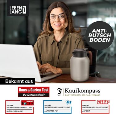 Термос LEBENLANG 1,5L з керамічним покриттям - з ситом для чаю | 24 години зберігає тепло | Кавова/чайова кана | Термоізольована кана 1,5 літра