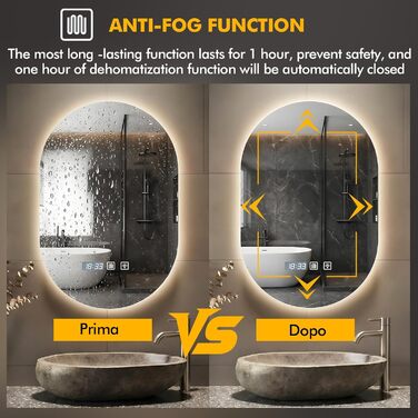 Дзеркало для ванної кімнати з підсвічуванням 50x70 см, з підігрівом, годинником, LED-підсвічуванням, сенсорною панеллю, функцією пам'яті, 3 кольори світла, регулювання яскравості