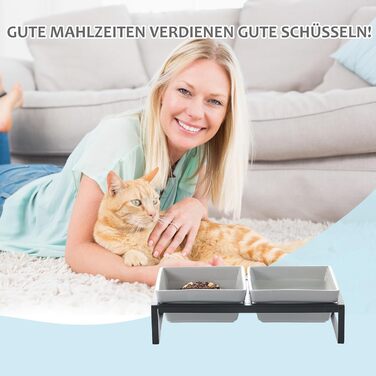 Сіра миска для кота з піднятим краєм - подвійна керамічна миска проти блювоти, легко миється, 2 x 480 мл, сірий колір