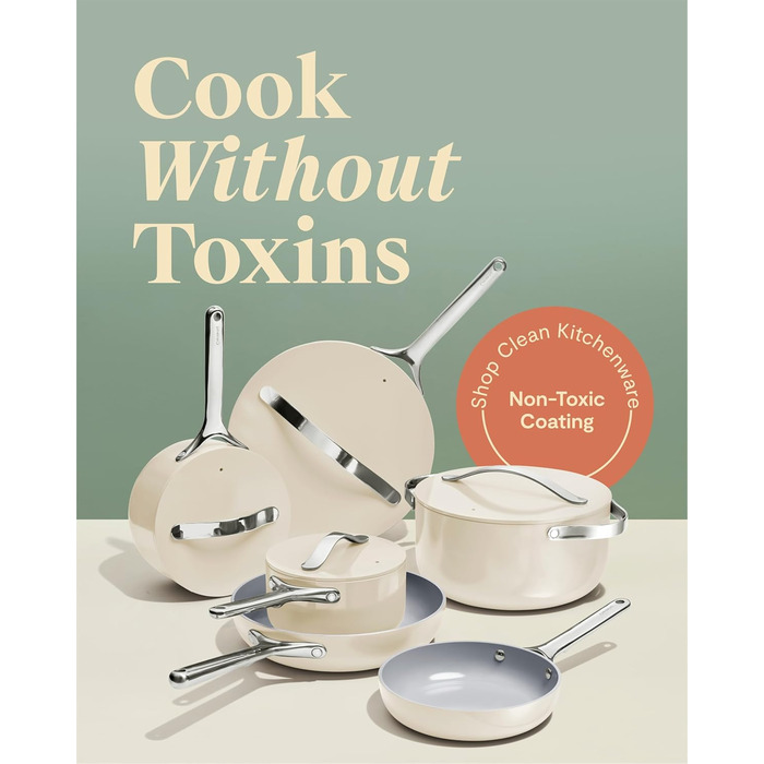 Набір посуду Caraway Deluxe антипригарний керамічний 16 предметів: каструлі, сковороди, кришки, кремовий колір - без PFAS та PFOA, для всіх типів плит, жаростійкий