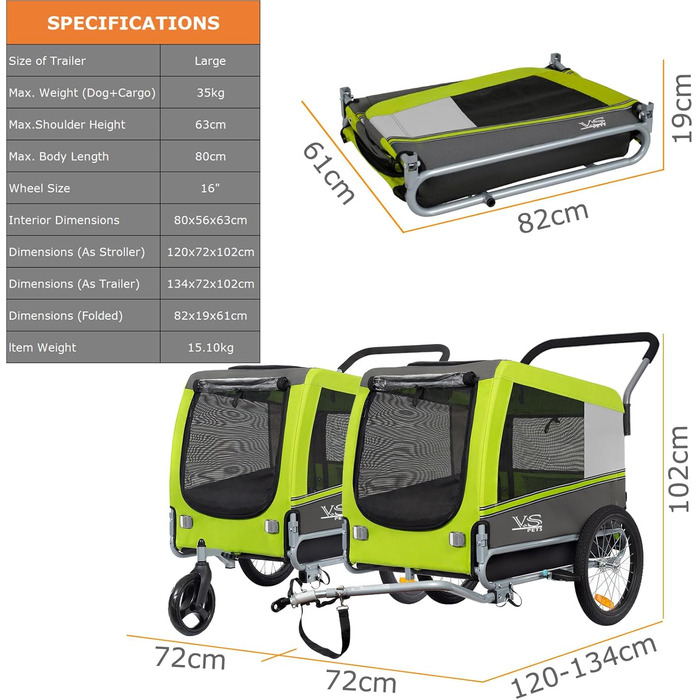 Візок для собак Tiggo VS Pets 2-в-1: візок та велосипедний причіп, великий, 270 л, до 35 кг (зелений)