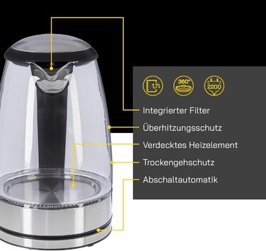 Електричний чайник 1.7л, 2200 Вт, Anti-Kalk, захист від перегріву, чорний (скло)
