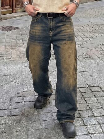 Чоловічі джинси Baggy JMIERR Y2K Wide Leg Denim Streetwear Raw Loose Fit Hip Hop XL (Брудний синій)