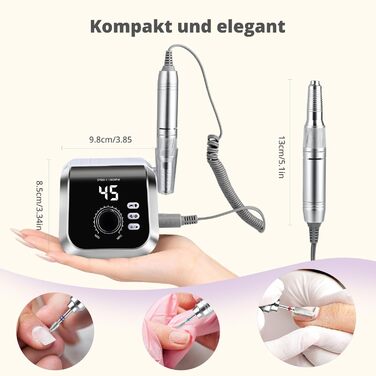 Електричний фрезер для нігтів з педаллю, 45000 об/хв, 45 режимів, LCD дисплей, F/R, для гелю та акрилу