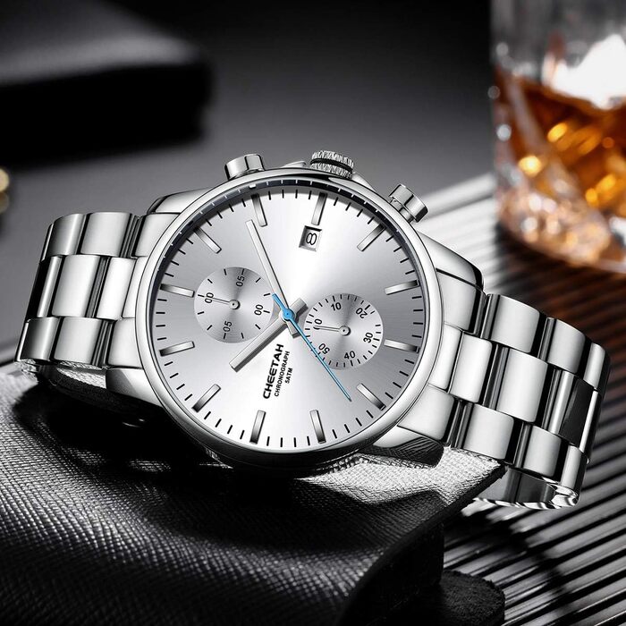 Чоловічий годинник-хронограф з нержавіючої сталі та металу, водонепроникний, кварцовий, з авто-датою та яскравими стрілками (білий)