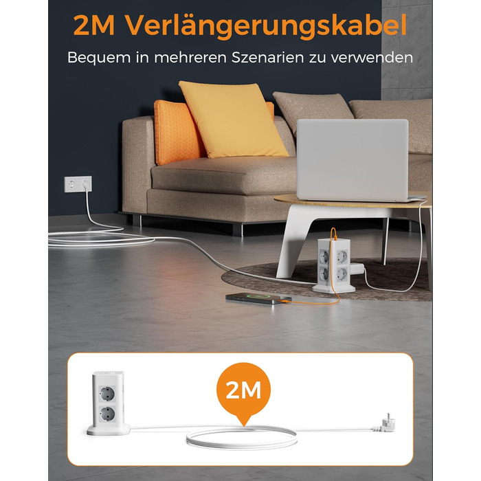 Блок розеток TESSAN з захистом від перенапруги, 3600W, 16A, 8 розеток, 3 USB-C, 2M, сірий