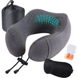 Подушка для шиї у подорожах: м'яка піна пам'яті, бавовна, U-подібна форма, з чохлом, для автомобіля, літака, офісу (сіра)